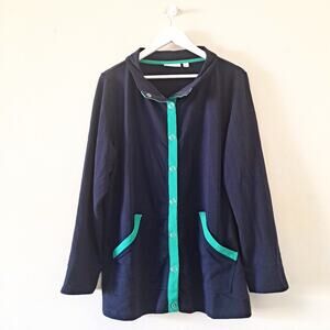 Susan Graver Navy & Green Button Down Terry Sweatshirt / Jacket - Size 1X